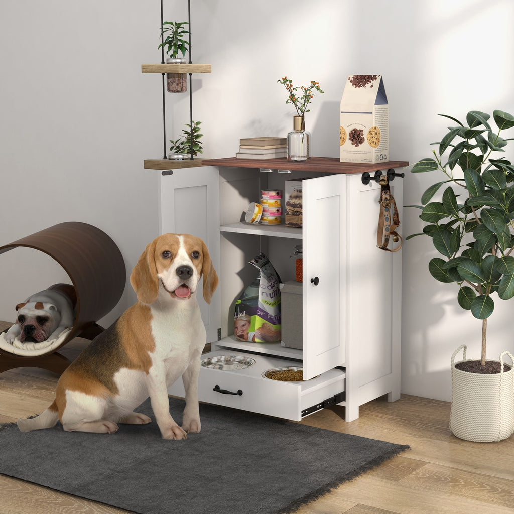 Sleek Dog Feeding Station with Hidden Bowls & Storage – White