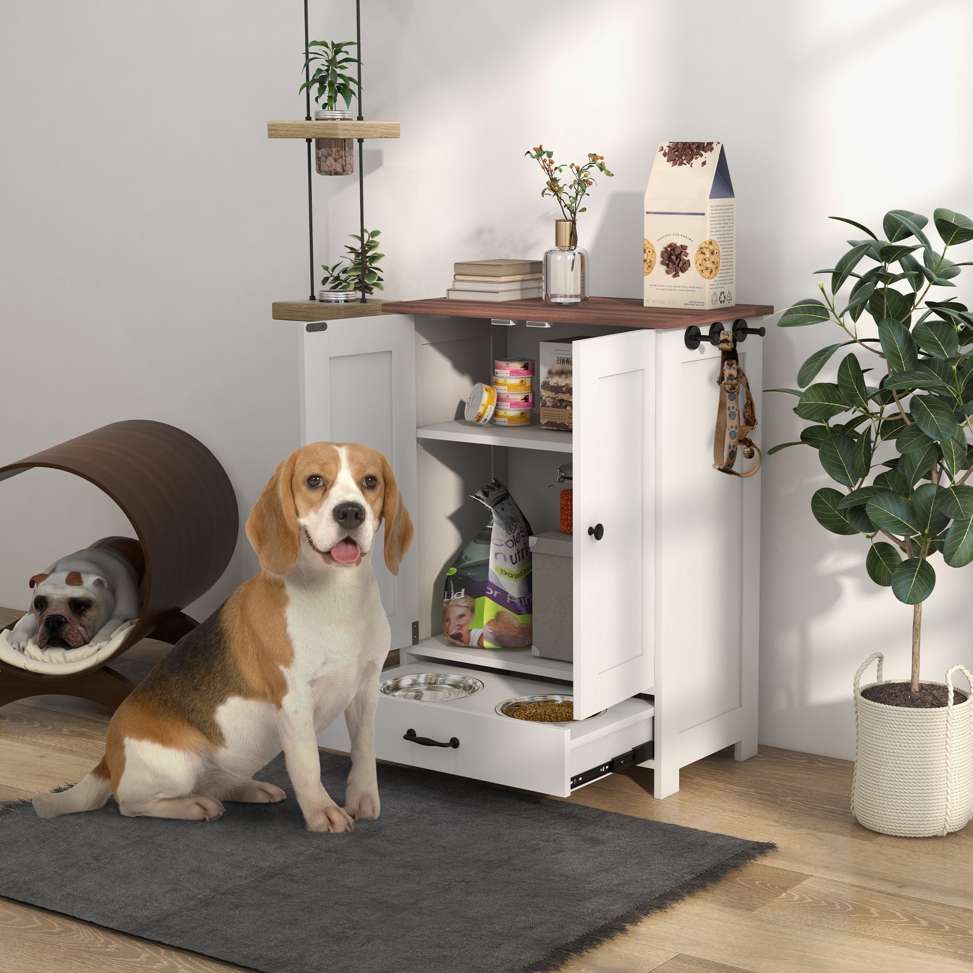 Sleek Dog Feeding Station with Hidden Bowls & Storage – White