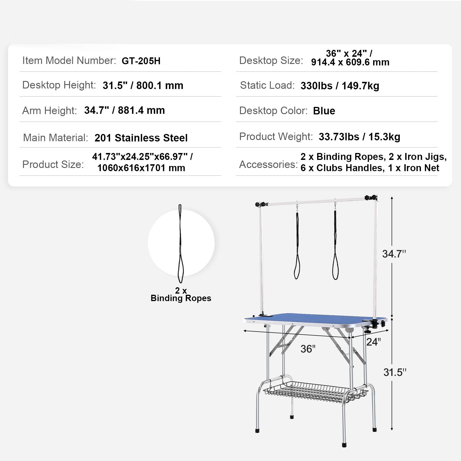 Sturdy Pet Grooming Table with Adjustable Arms & Storage Shelf
