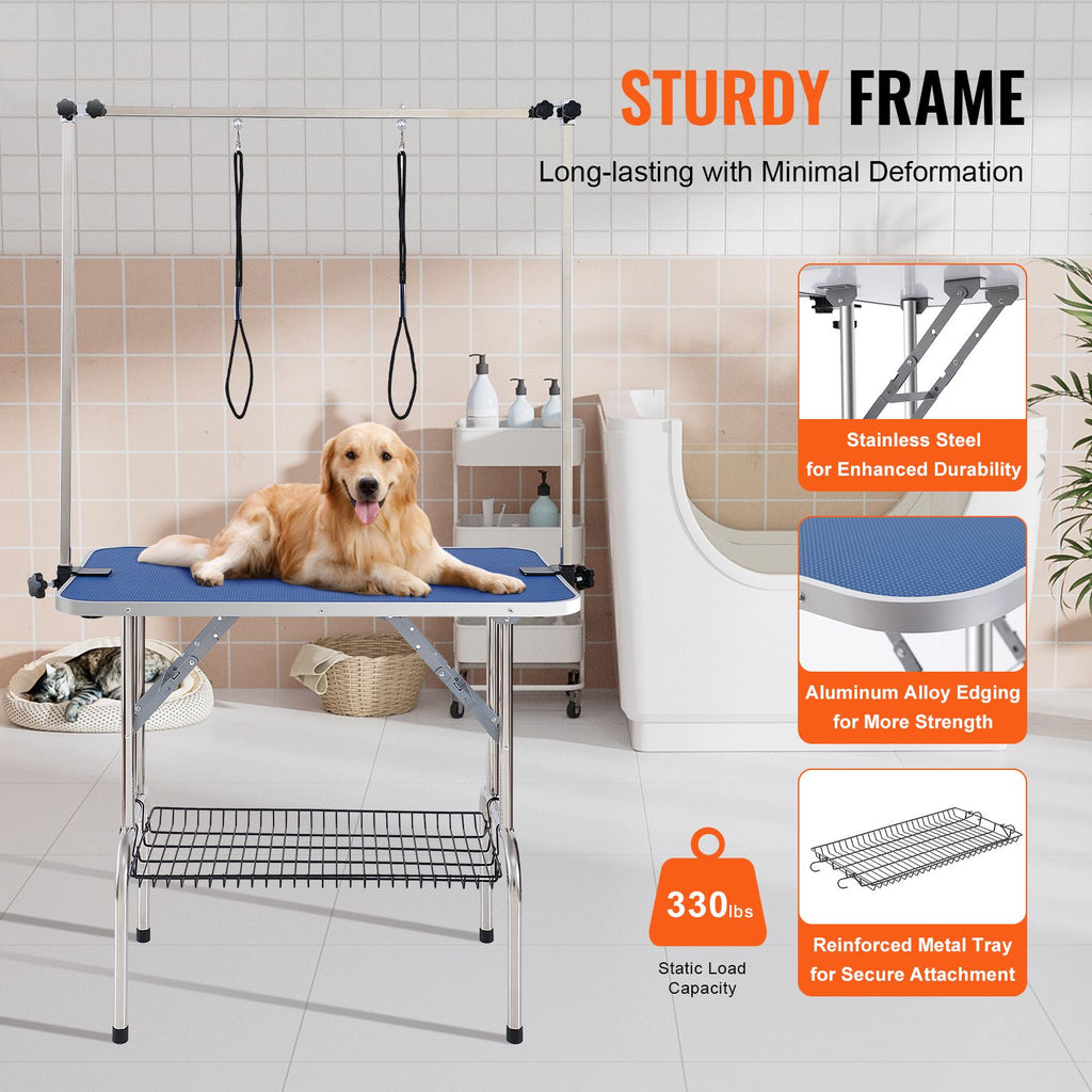 Sturdy Pet Grooming Table with Adjustable Arms & Storage Shelf