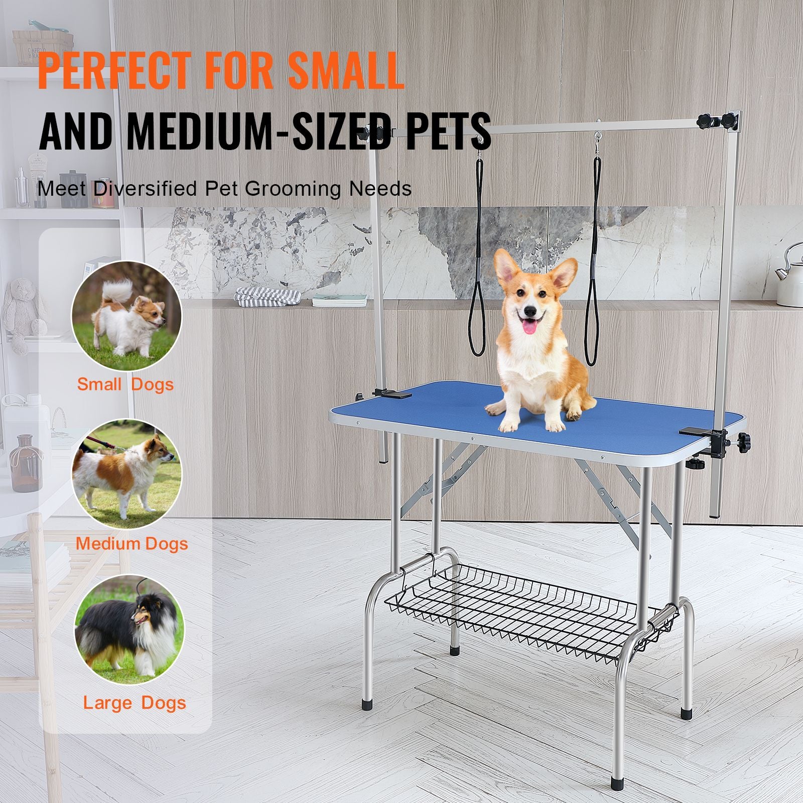 Sturdy Pet Grooming Table with Adjustable Arms & Storage Shelf