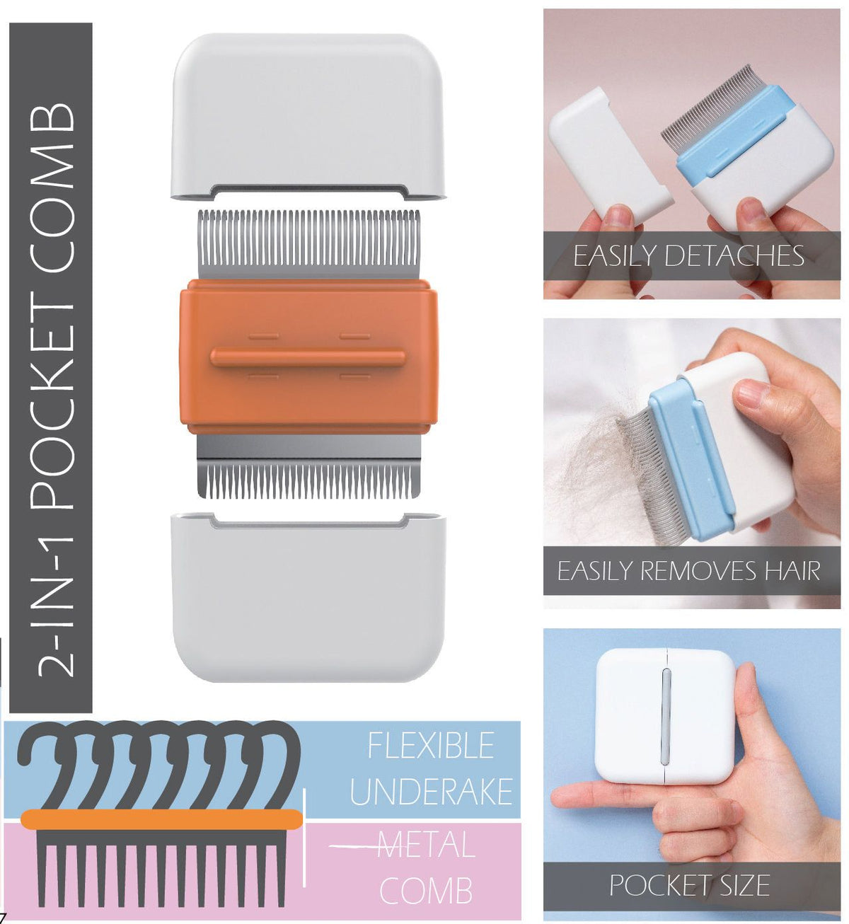 2-in-1 Undercoat Rake and Stainless Steel Travel Pet Comb