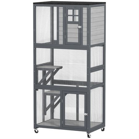 Three-Level Weatherproof Cat Climbing Tower with Rolling Wheels