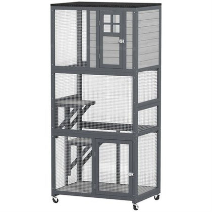 Three-Level Weatherproof Cat Climbing Tower with Rolling Wheels