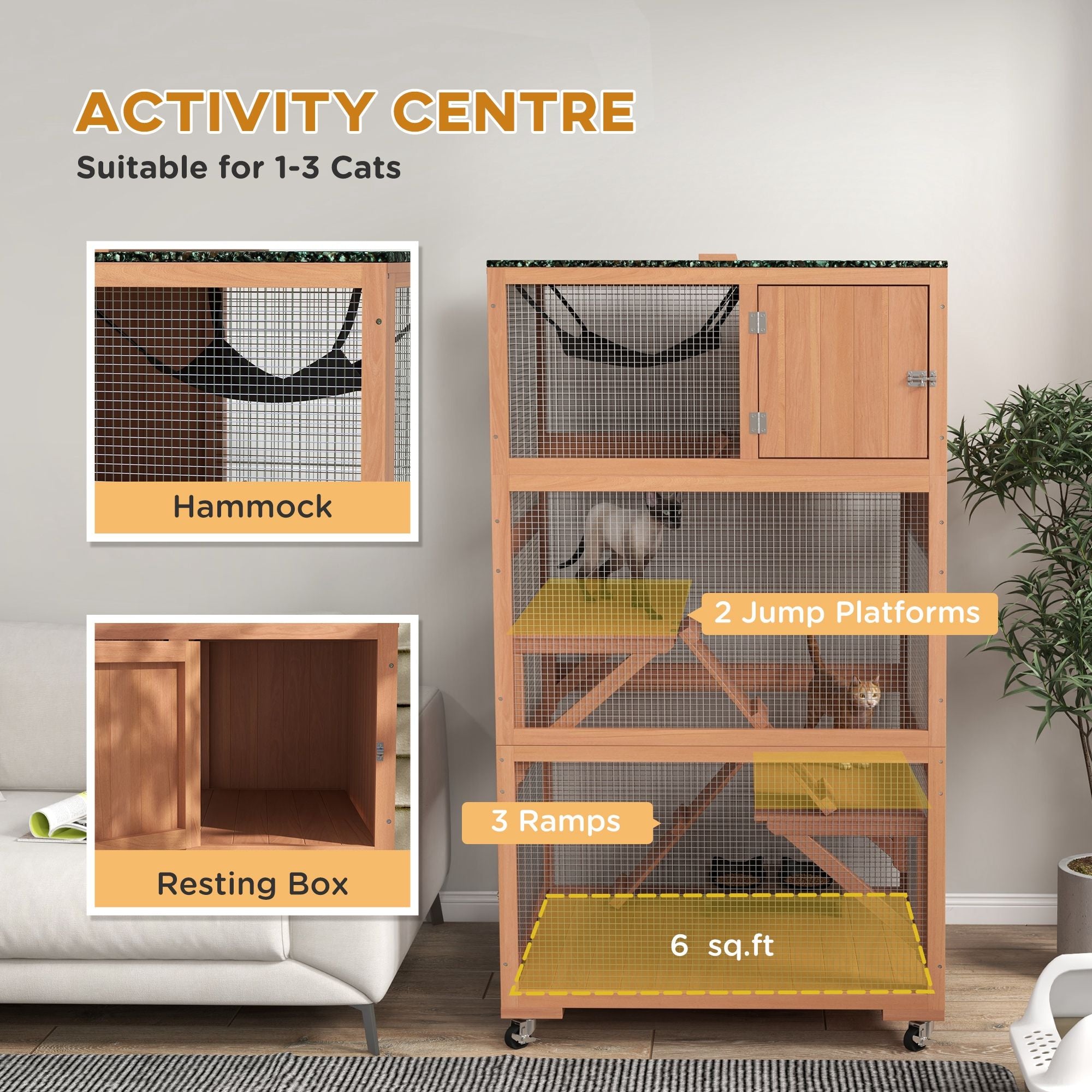 Multi-Level Cat Climbing Tower with Ramp, Hammock, and Sleeping Box
