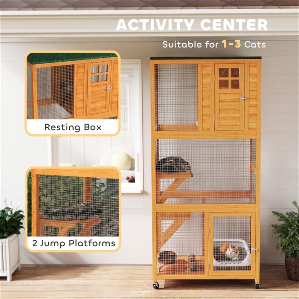 Three-Level Weatherproof Outdoor Cat Playpen with Wheels