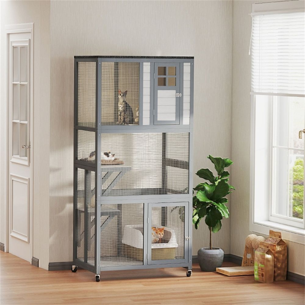 Three-Level Weatherproof Cat Climbing Tower with Rolling Wheels