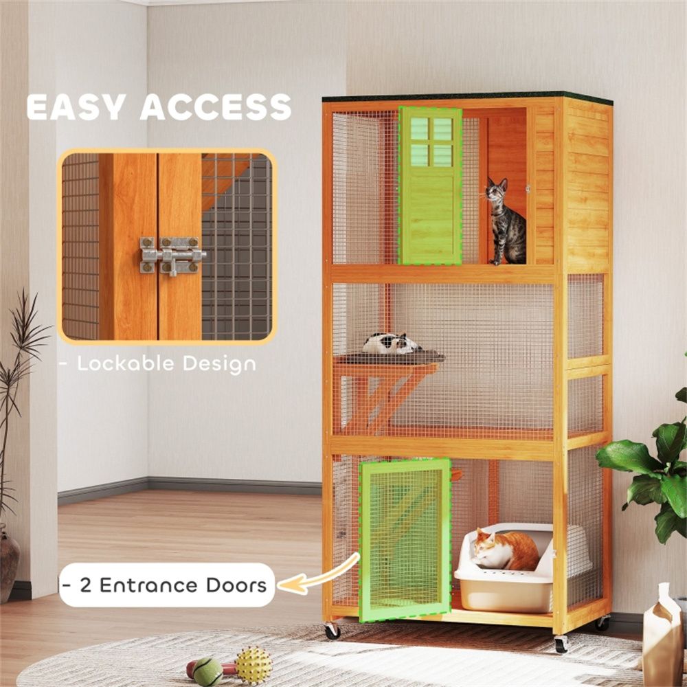 Three-Level Weatherproof Outdoor Cat Playpen with Wheels