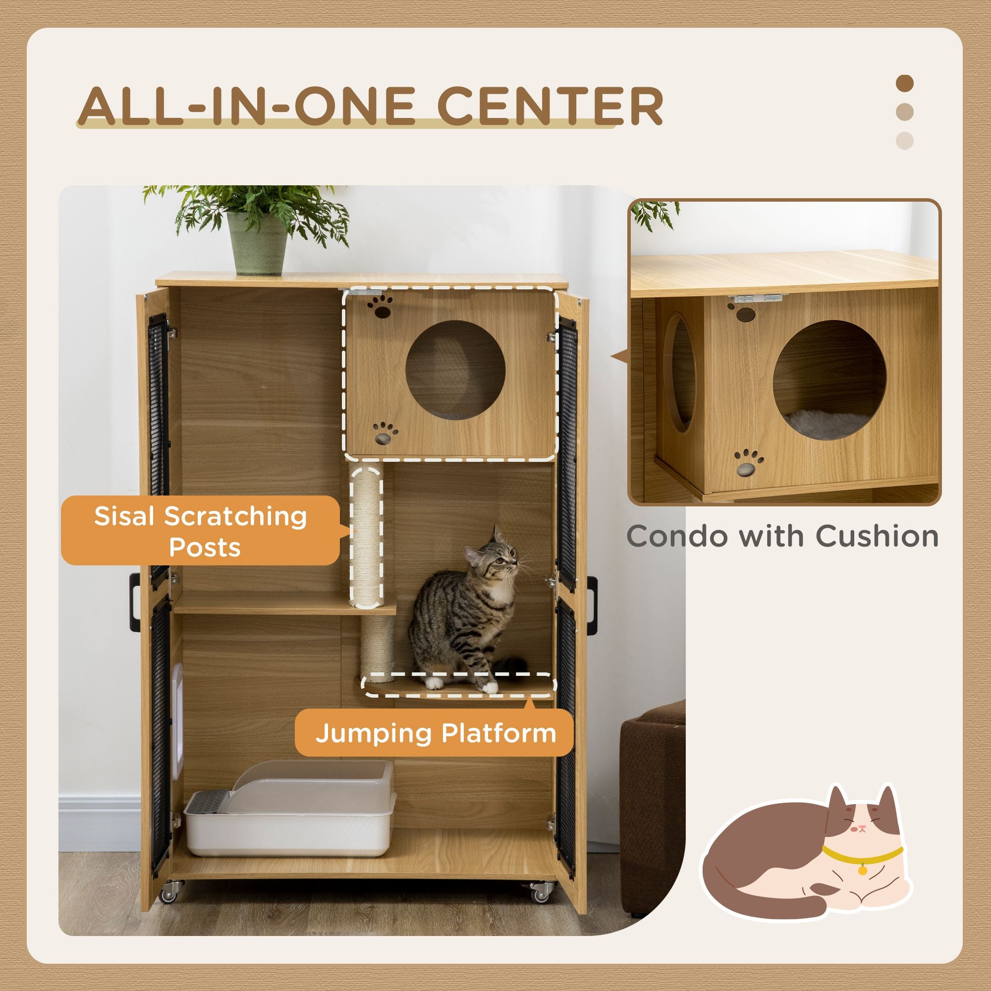 Cat Climbing Tower with Hidden Cabinet & Sisal Scratching Posts