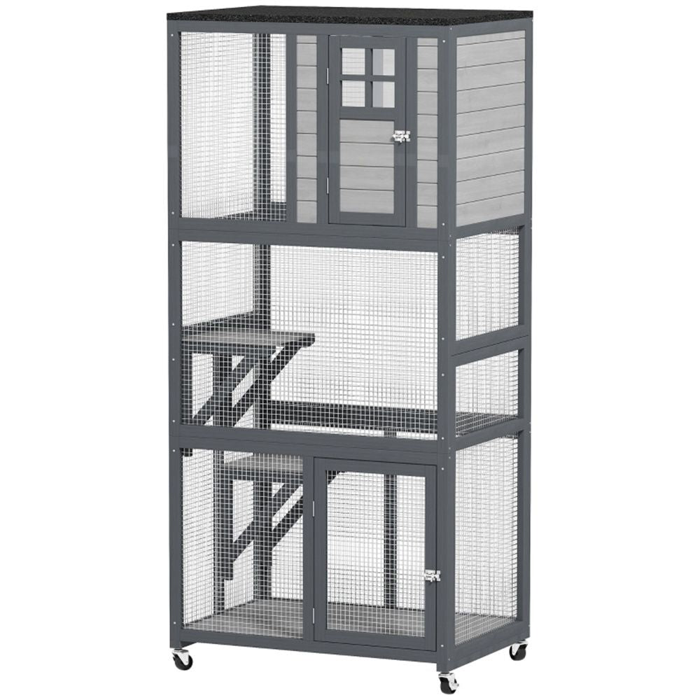 Three-Level Weatherproof Cat Climbing Tower with Rolling Wheels
