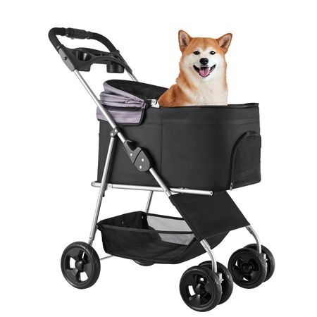 Foldable Pet Stroller with Detachable Carrier, Mesh Windows, and Brakes