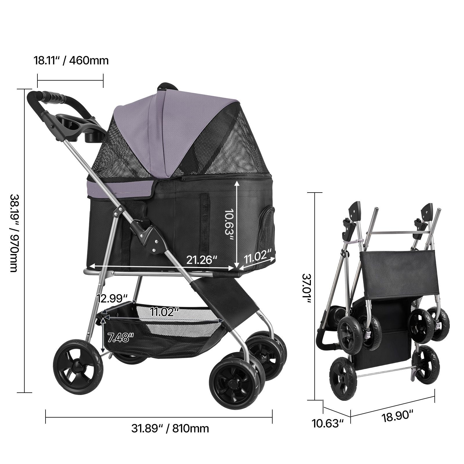 Foldable Pet Stroller with Detachable Carrier, Mesh Windows, and Brakes