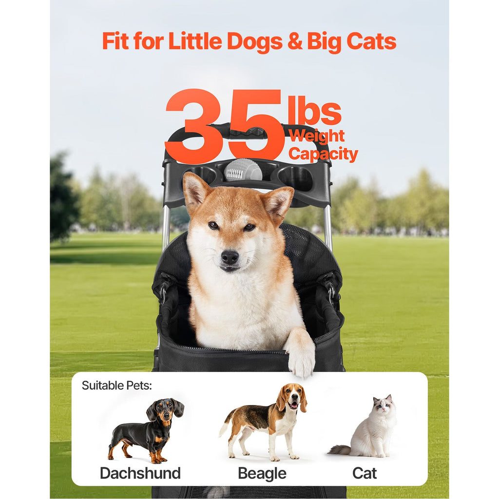 Foldable Pet Stroller with Detachable Carrier, Mesh Windows, and Brakes