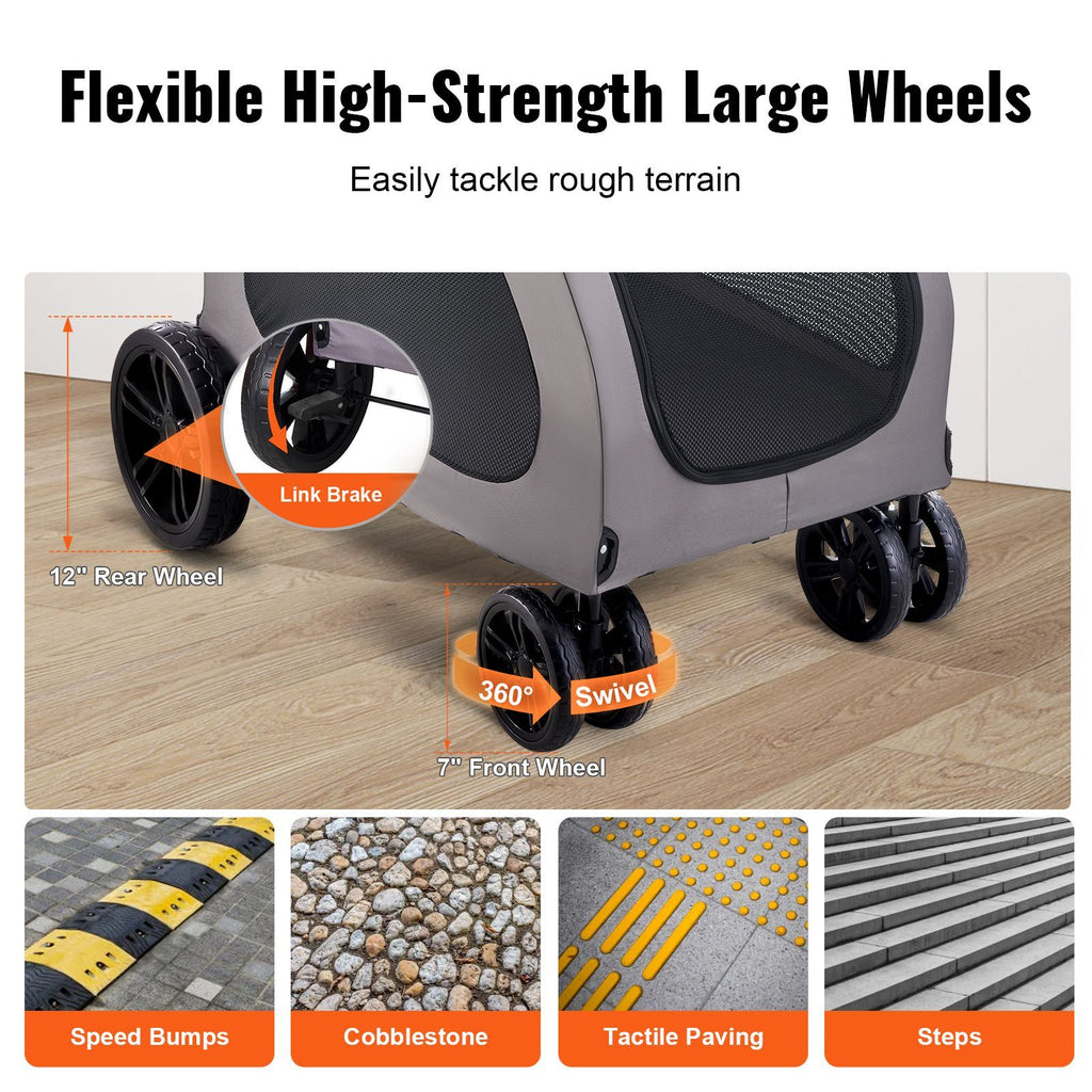 Pet Stroller, 4 Wheels Dog Stroller with Brakes, 160lbs Weight Capacity, Portable Puppy Stroller Carrier with Breathable Mesh Windows & Height-Adjustable Height, Animal Stroller for Cats & Dogs
