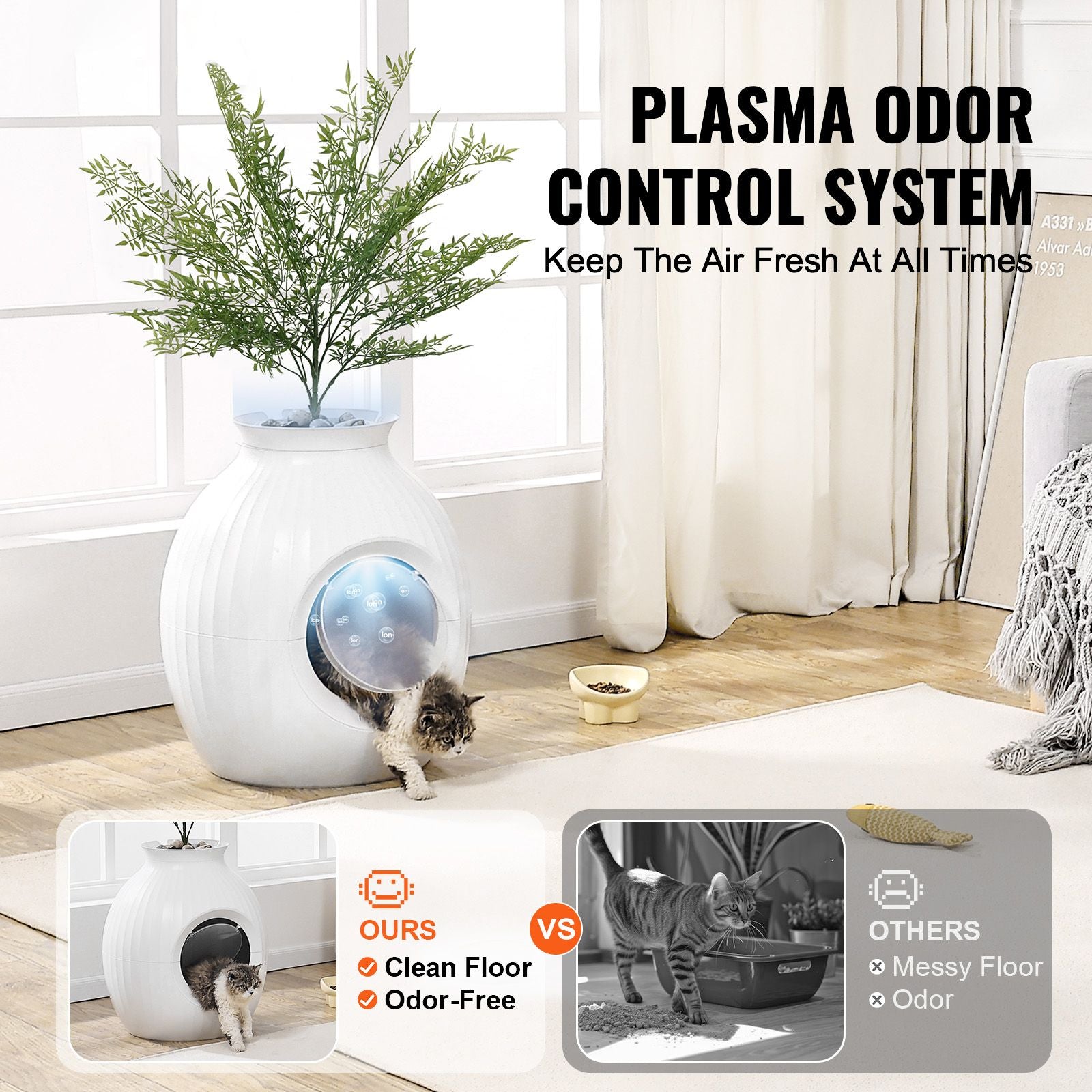 Plant Cat Litter Box, Smart Odor Control System, Hidden Cat Litter Box with 9.48 in Large Entrance, Lighting Decoration & Sturdy ABS Material, Fit for Living Room/Corner/Outdoor Pool/Patio