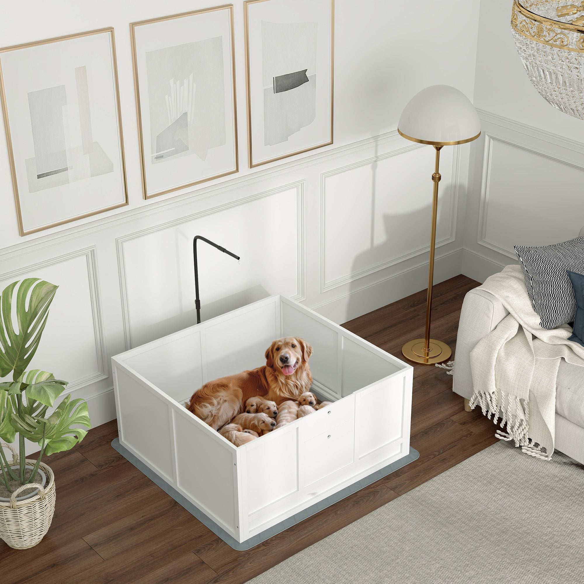 Puppy Whelping Box with Adjustable Door Pee Pad Pig Rail for Breeds Small to Large 41x39