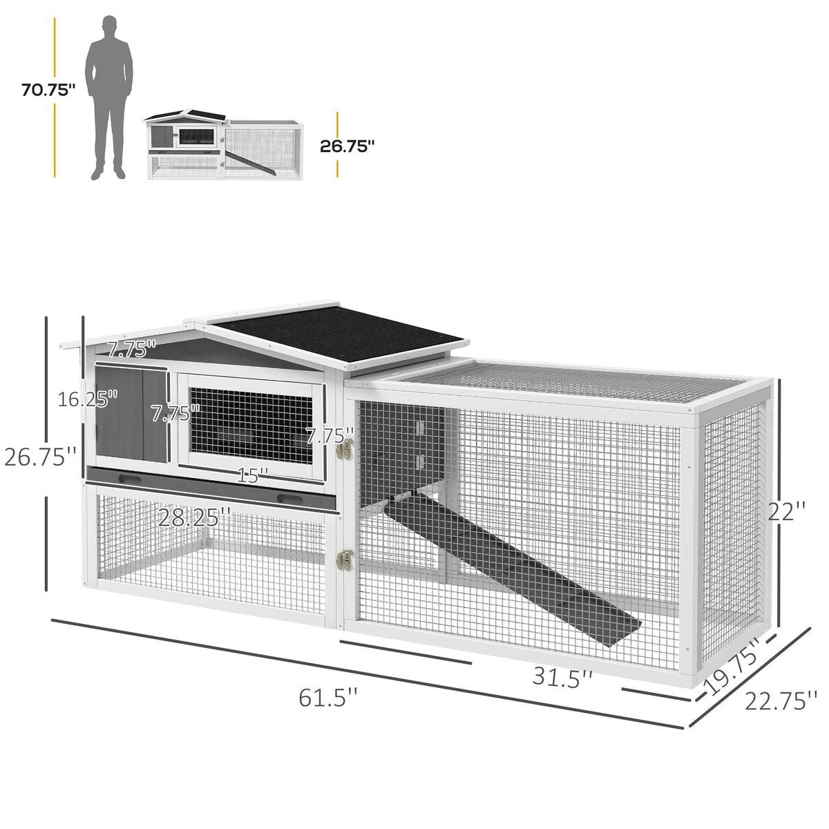 Outdoor Rabbit Cage - 2-Level Bunny Hutch with Detachable Run & water-ready Roof