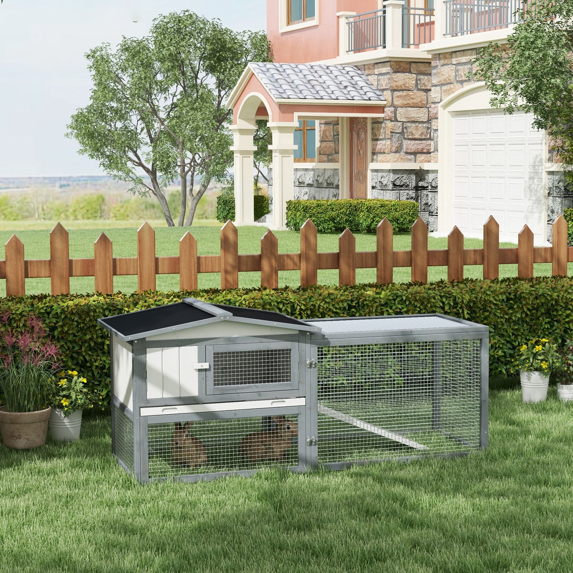 Spacious Outdoor Rabbit Hutch with Asphalt Roof & Safe Paint