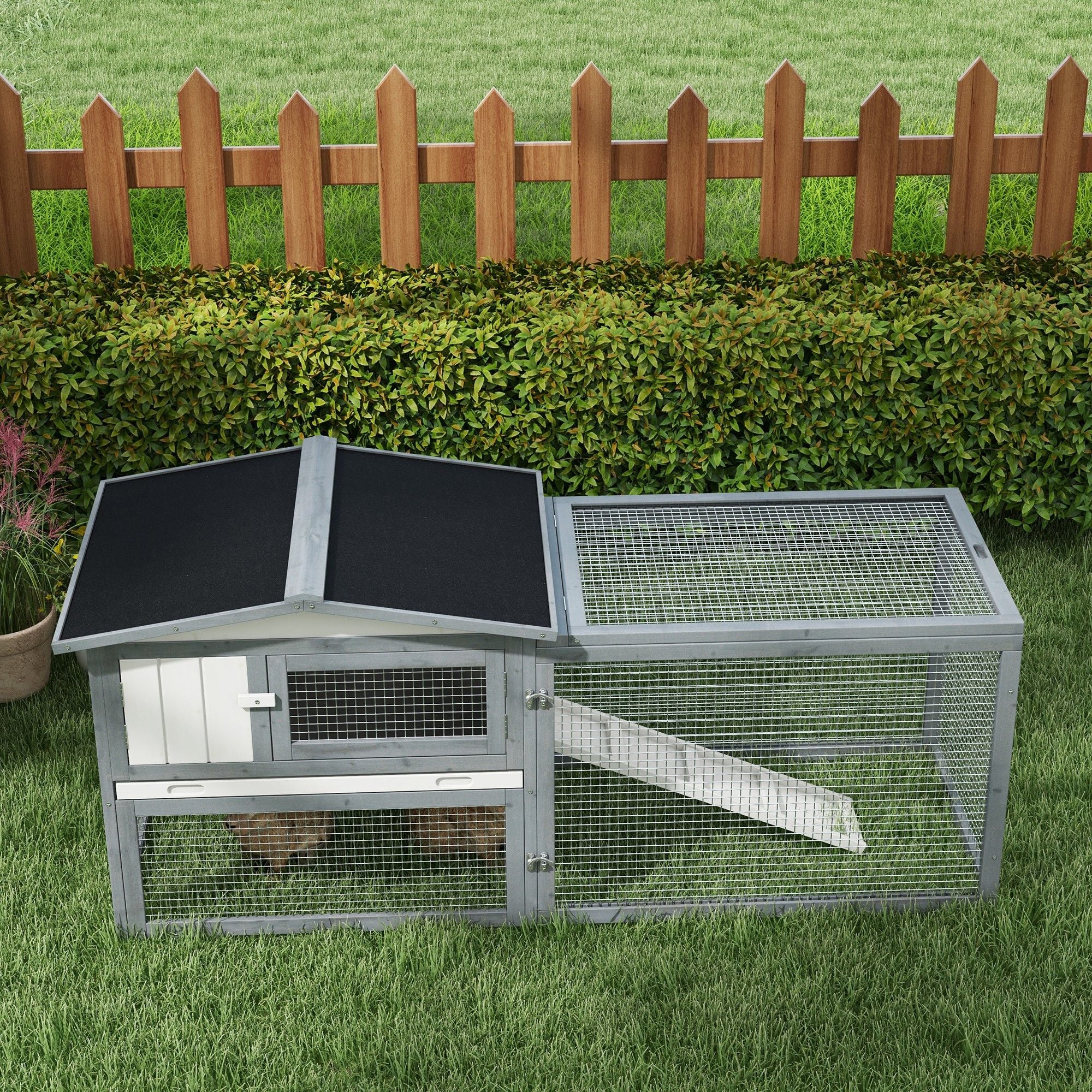 Spacious Outdoor Rabbit Hutch with Asphalt Roof & Safe Paint