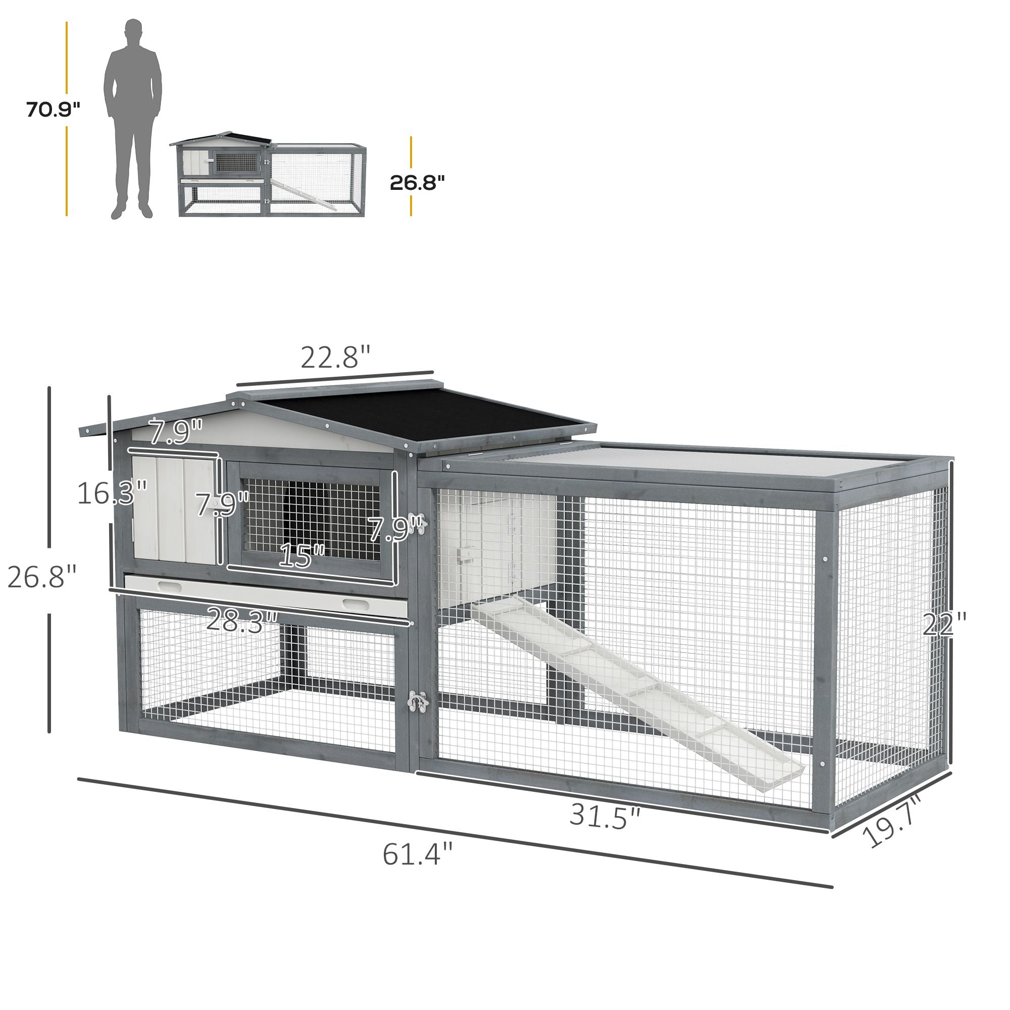 Spacious Outdoor Rabbit Hutch with Asphalt Roof & Safe Paint