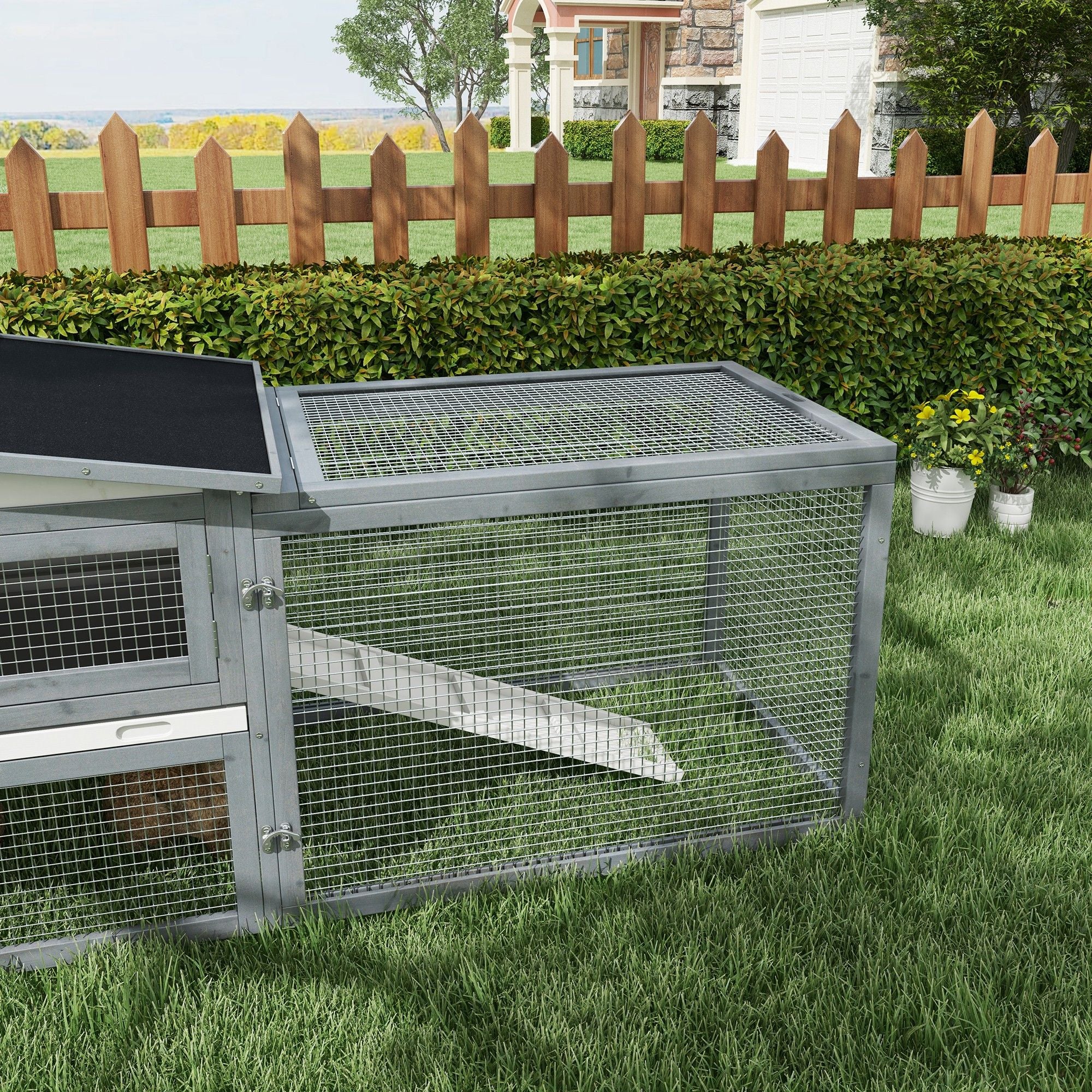 Spacious Outdoor Rabbit Hutch with Asphalt Roof & Safe Paint