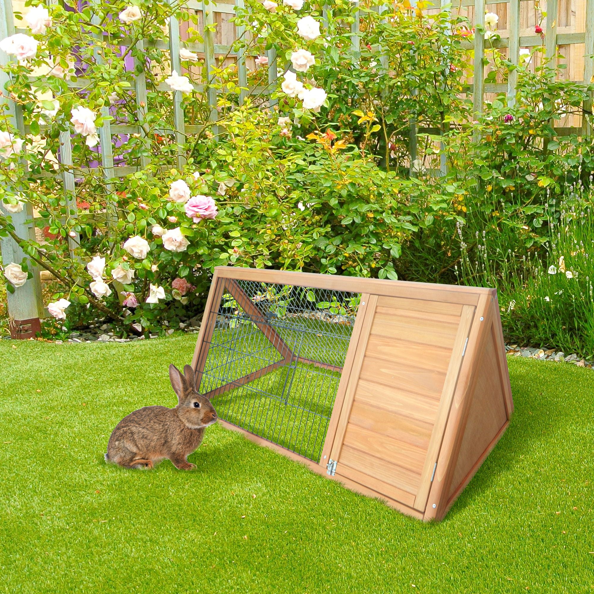 furniture-style A-Frame Rabbit Hutch with Outdoor Run & Wire Enclosure