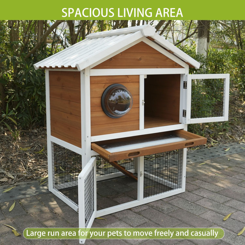 Rabbit Hutch Outdoor, Bunny Cage with Waterproof Roof, Removable Pull Out Tray, 2-tier Wooden Rabbit House for Small Animals, Rabbit Enclosure Suits for Guinea Pigs, Hamster,.Viewing Window Design