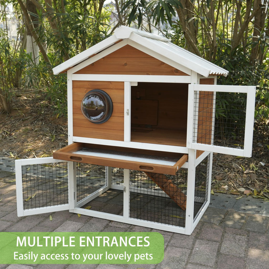 Rabbit Hutch Outdoor, Bunny Cage with Waterproof Roof, Removable Pull Out Tray, 2-tier Wooden Rabbit House for Small Animals, Rabbit Enclosure Suits for Guinea Pigs, Hamster,.Viewing Window Design