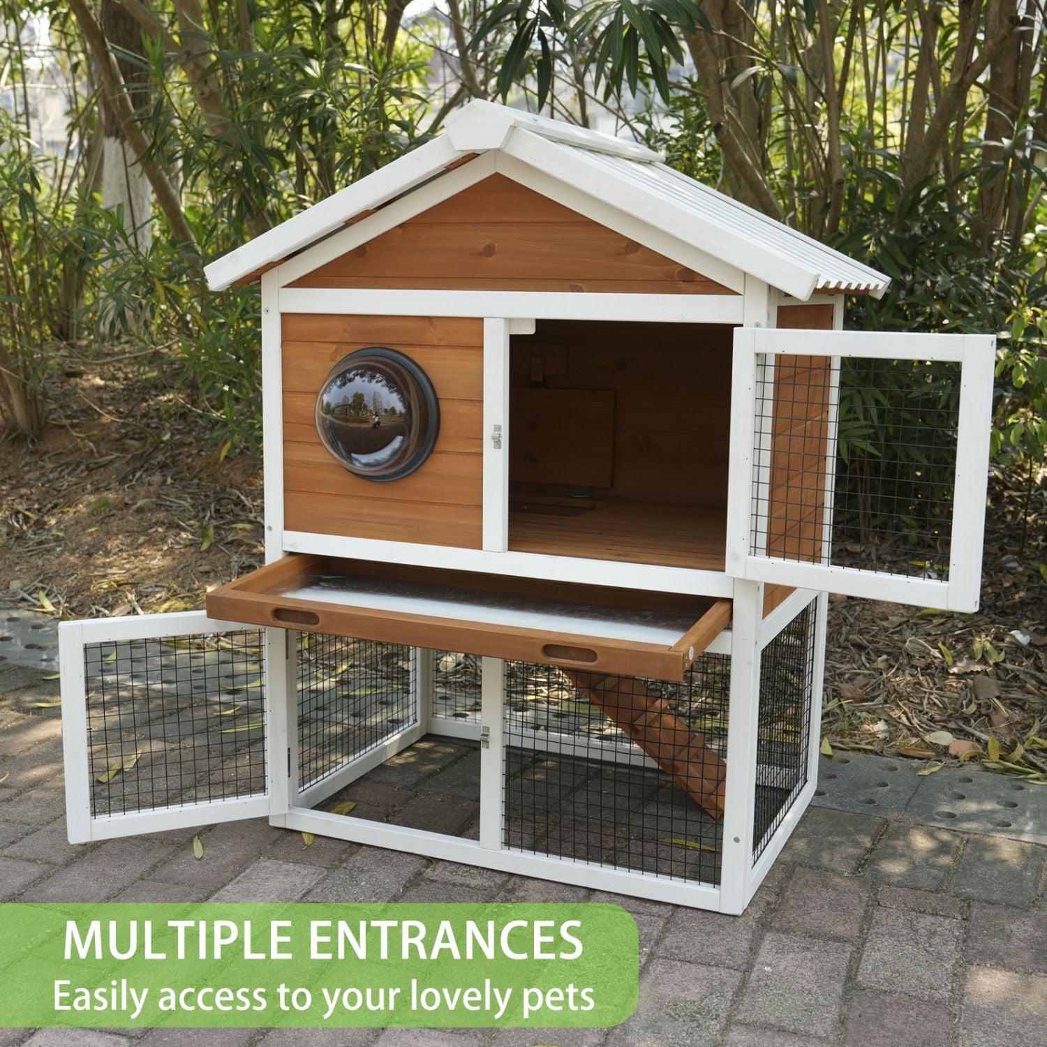 Rabbit Hutch Outdoor, Bunny Cage with Waterproof Roof, Removable Pull Out Tray, 2-tier Wooden Rabbit House for Small Animals, Rabbit Enclosure Suits for Guinea Pigs, Hamster,.Viewing Window Design