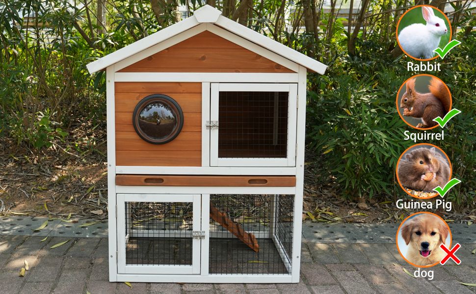 Rabbit Hutch Outdoor, Bunny Cage with Waterproof Roof, Removable Pull Out Tray, 2-tier Wooden Rabbit House for Small Animals, Rabbit Enclosure Suits for Guinea Pigs, Hamster,.Viewing Window Design