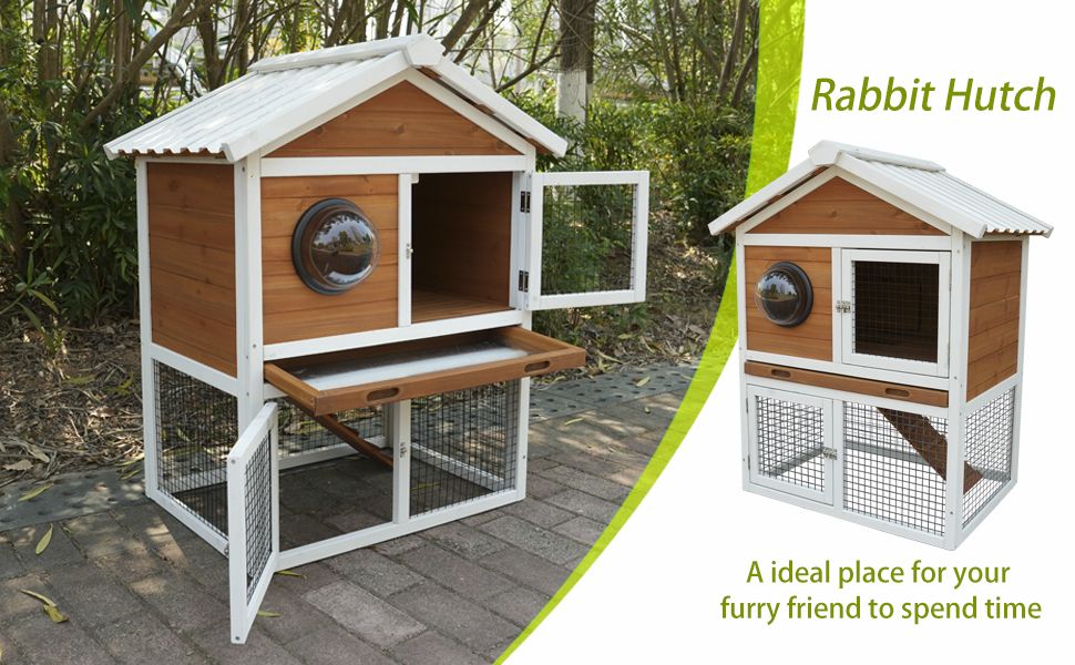 Rabbit Hutch Outdoor, Bunny Cage with Waterproof Roof, Removable Pull Out Tray, 2-tier Wooden Rabbit House for Small Animals, Rabbit Enclosure Suits for Guinea Pigs, Hamster,.Viewing Window Design