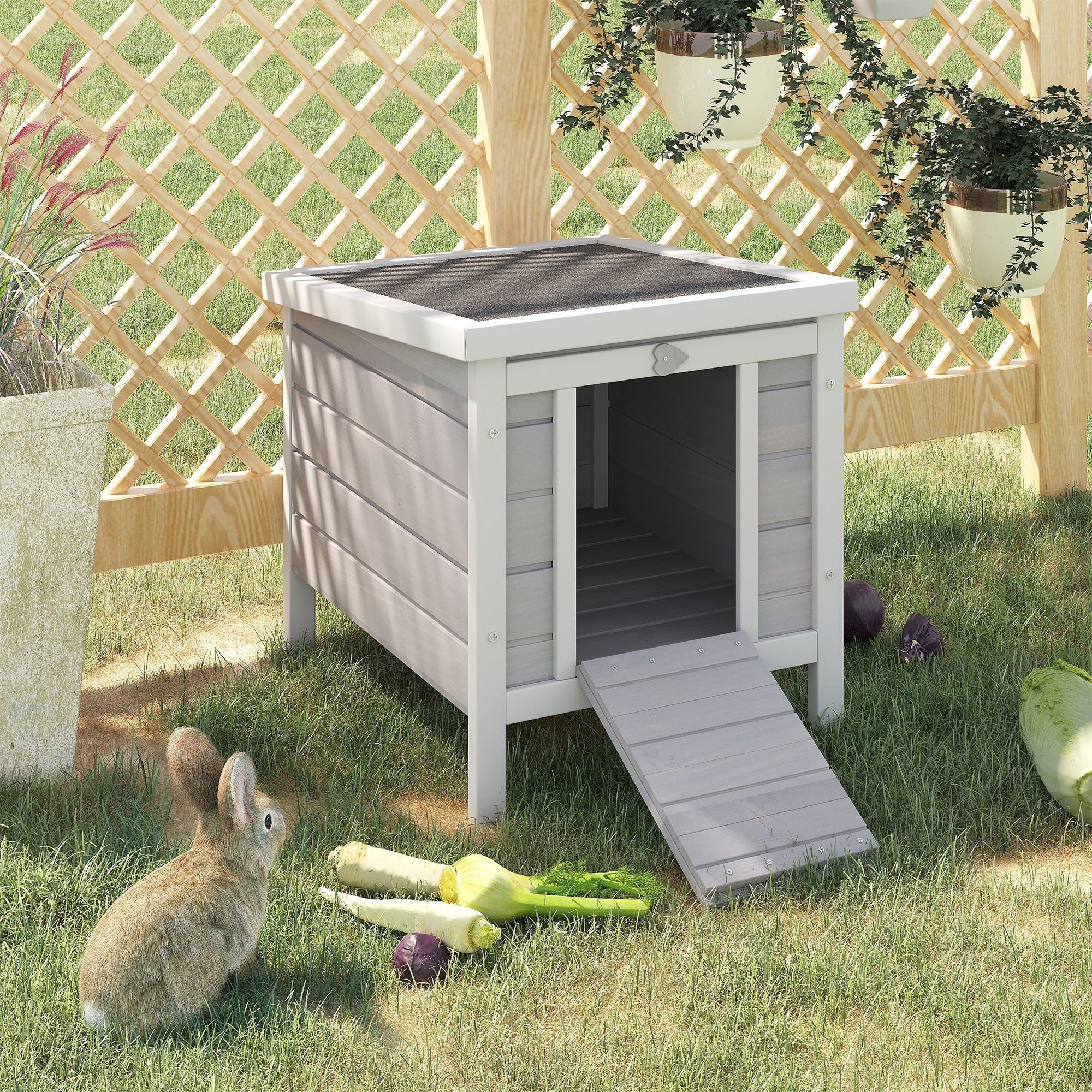Rabbit Pen, Outdoor furniture-style Rabbit Hutch Bunny Guinea Pig Cage with water-ready Roof Gray