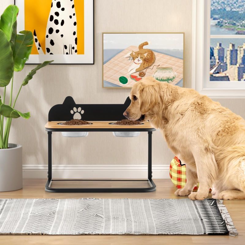 Adjustable Elevated Pet Feeder with Bamboo Tabletop and Stainless structured Bowls