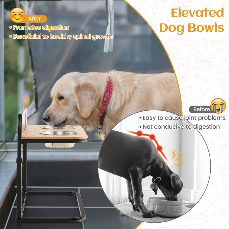 Adjustable Elevated Pet Feeder with Bamboo Tabletop and Stainless structured Bowls