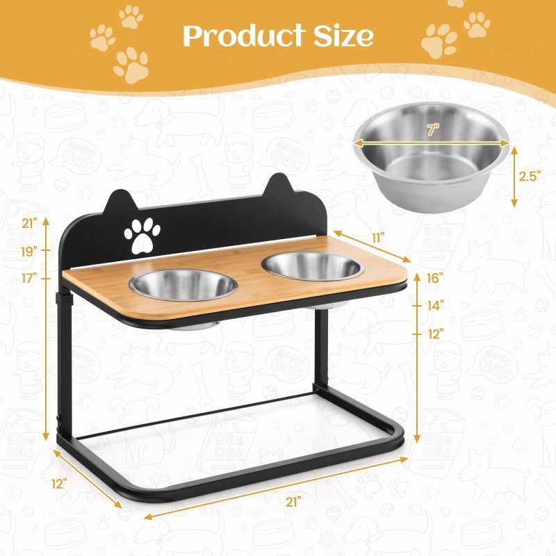 Adjustable Elevated Pet Feeder with Bamboo Tabletop and Stainless structured Bowls