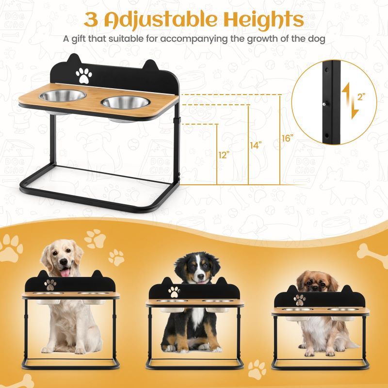 Adjustable Elevated Pet Feeder with Bamboo Tabletop and Stainless structured Bowls