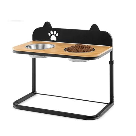Adjustable Elevated Pet Feeder with Bamboo Tabletop and Stainless structured Bowls
