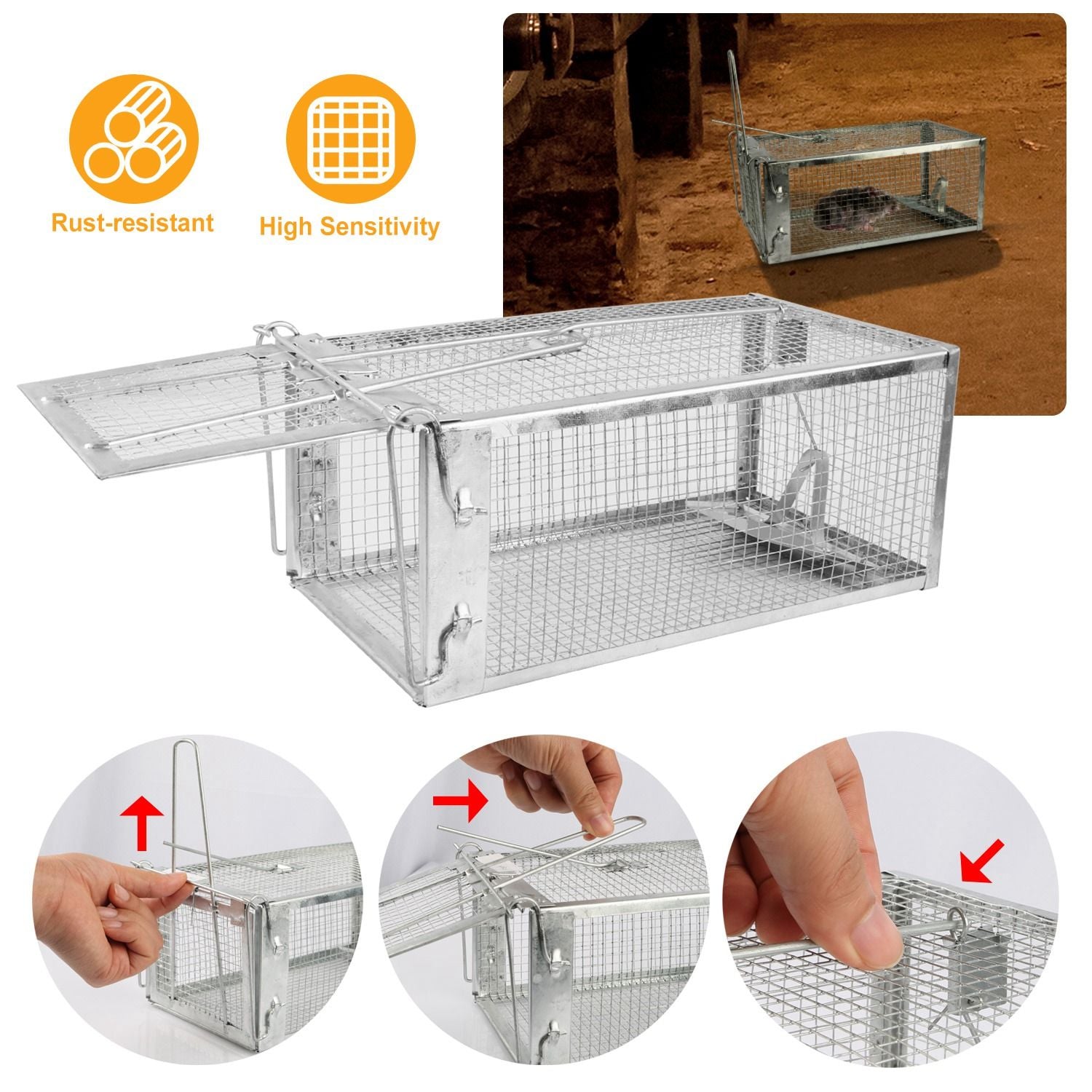 Rat Trap Cage Humane Live Rodent Trap Cage Galvanized Iron Mice Mouse Control Bait Catch with Detach