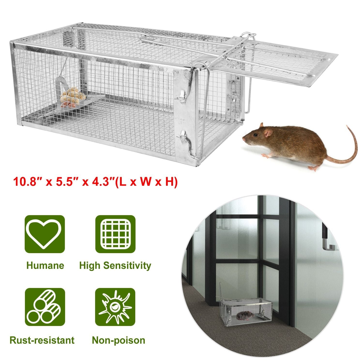 Rat Trap Cage Humane Live Rodent Trap Cage Galvanized Iron Mice Mouse Control Bait Catch with Detach