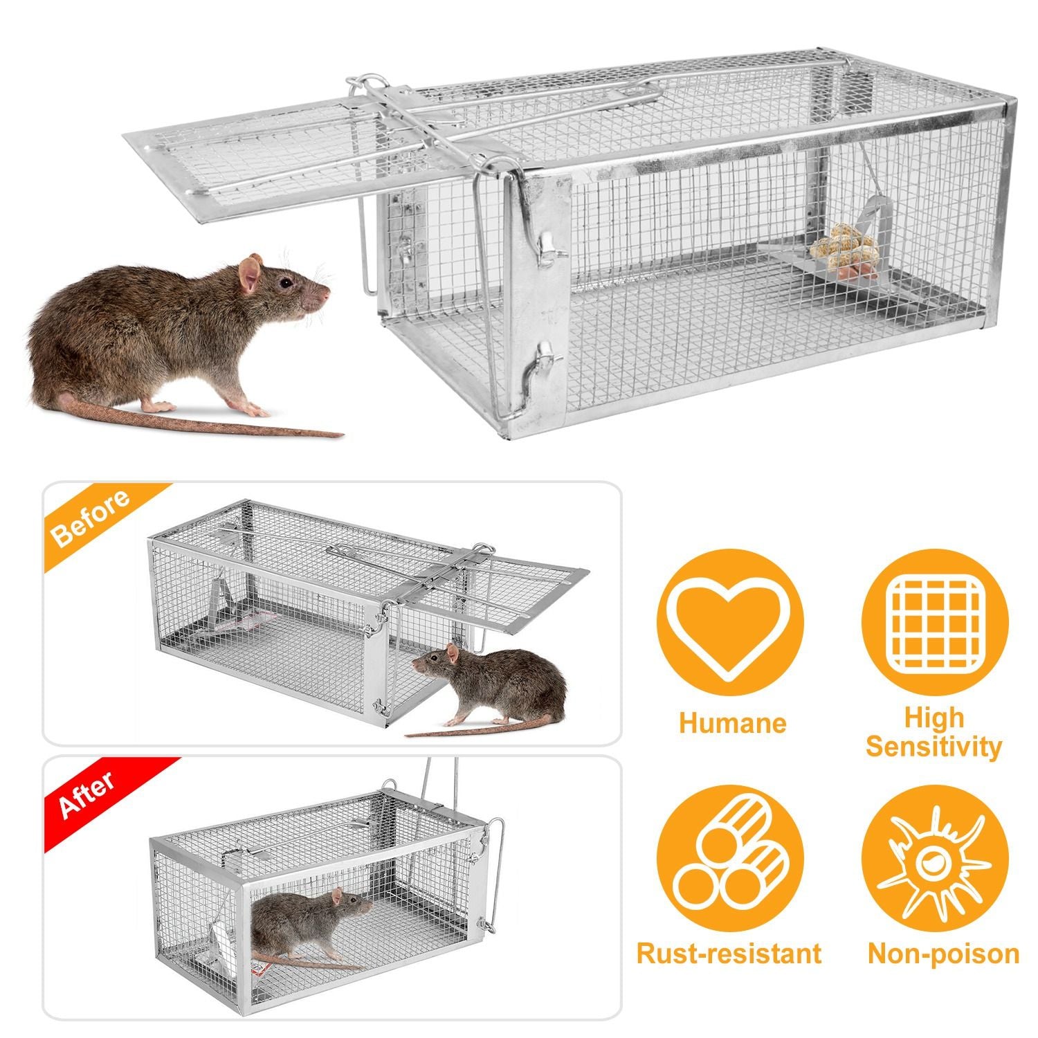 Rat Trap Cage Humane Live Rodent Trap Cage Galvanized Iron Mice Mouse Control Bait Catch with Detach