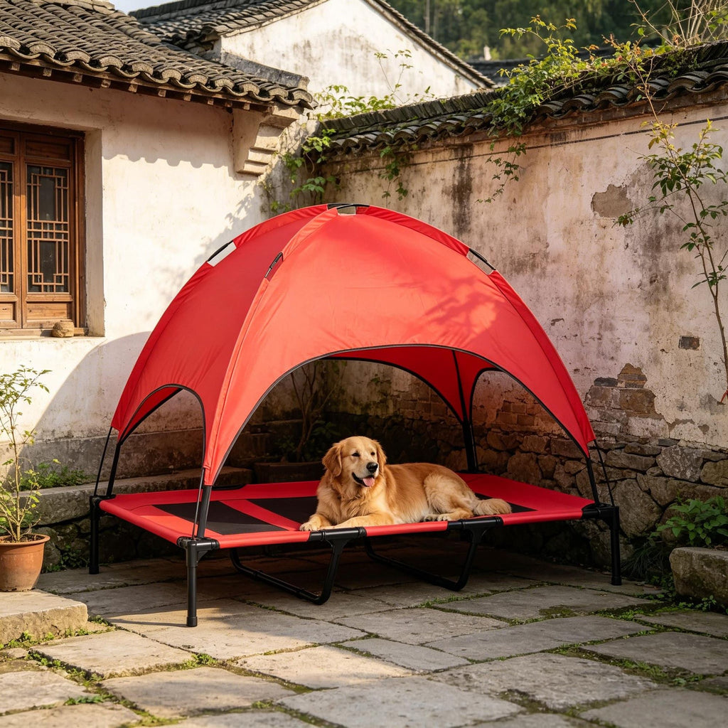 RED Elevated Portable Dog Cot Cooling 48" x 36" Pet Bed with UV Protection Canopy Shade