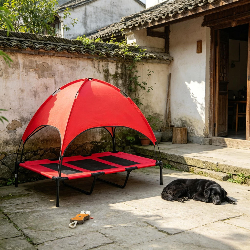 RED Elevated Portable Dog Cot Cooling 48" x 36" Pet Bed with UV Protection Canopy Shade