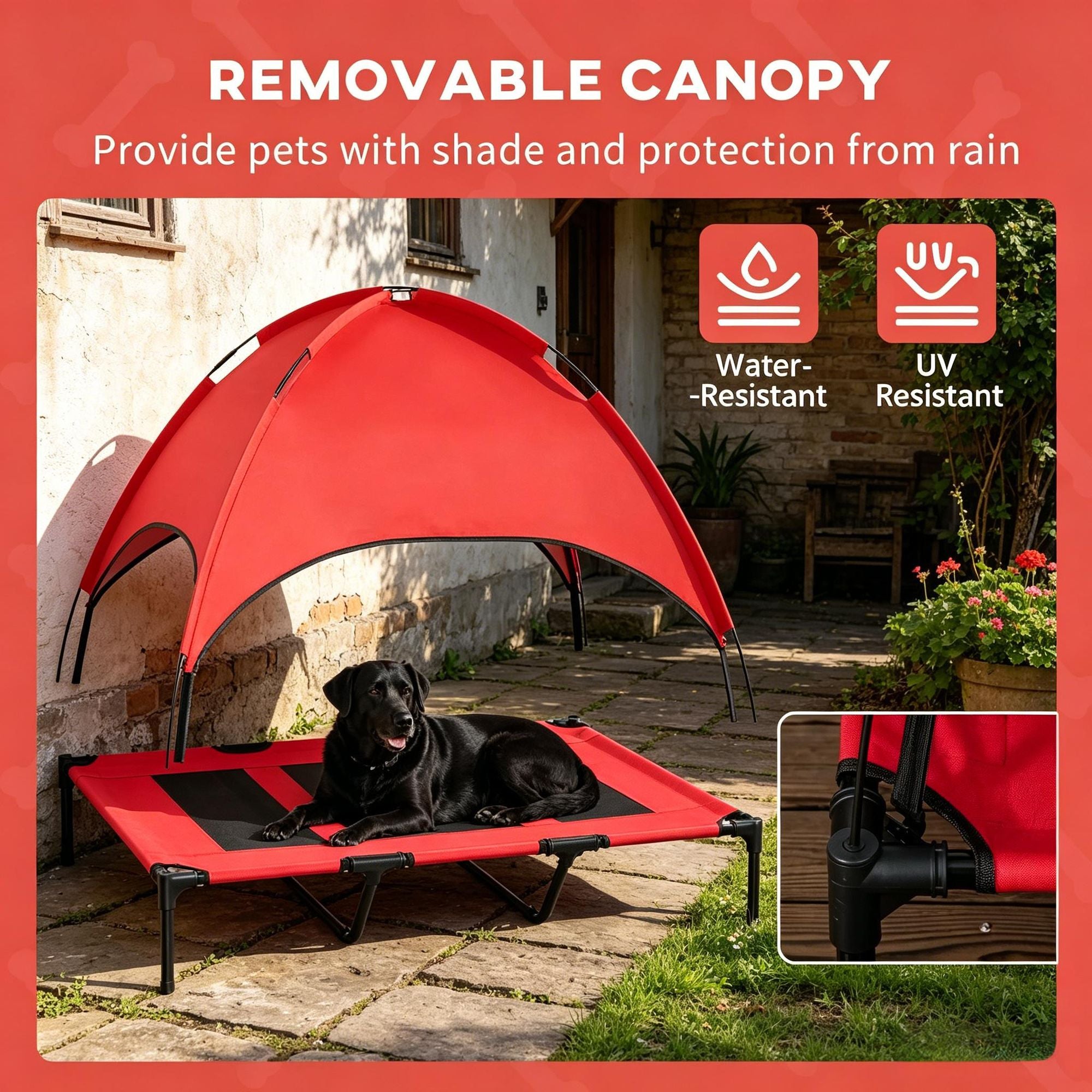 RED Elevated Portable Dog Cot Cooling 48" x 36" Pet Bed with UV Protection Canopy Shade