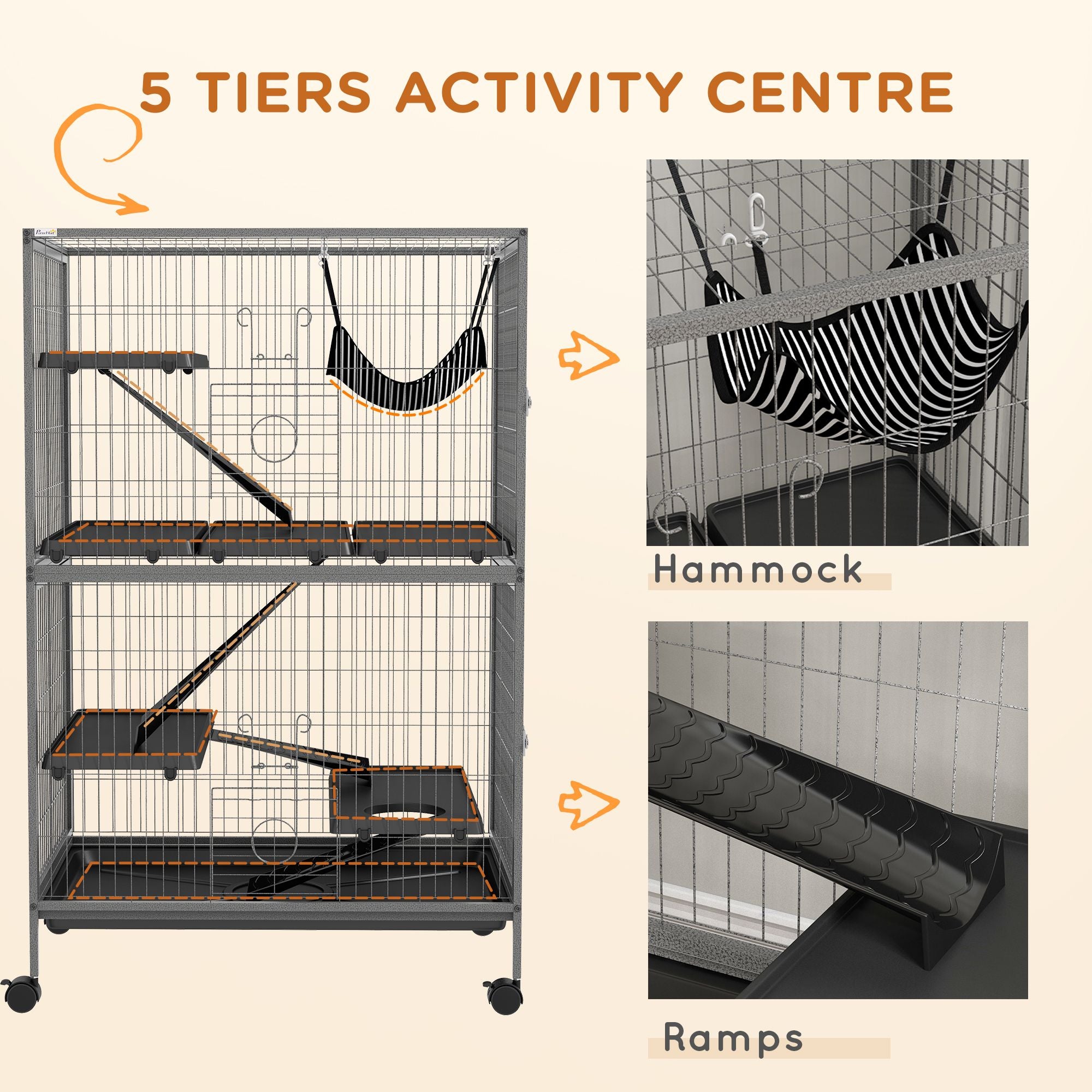 Spacious Five-Tier Rolling Small Animal Cage with Hammock and Four Doors