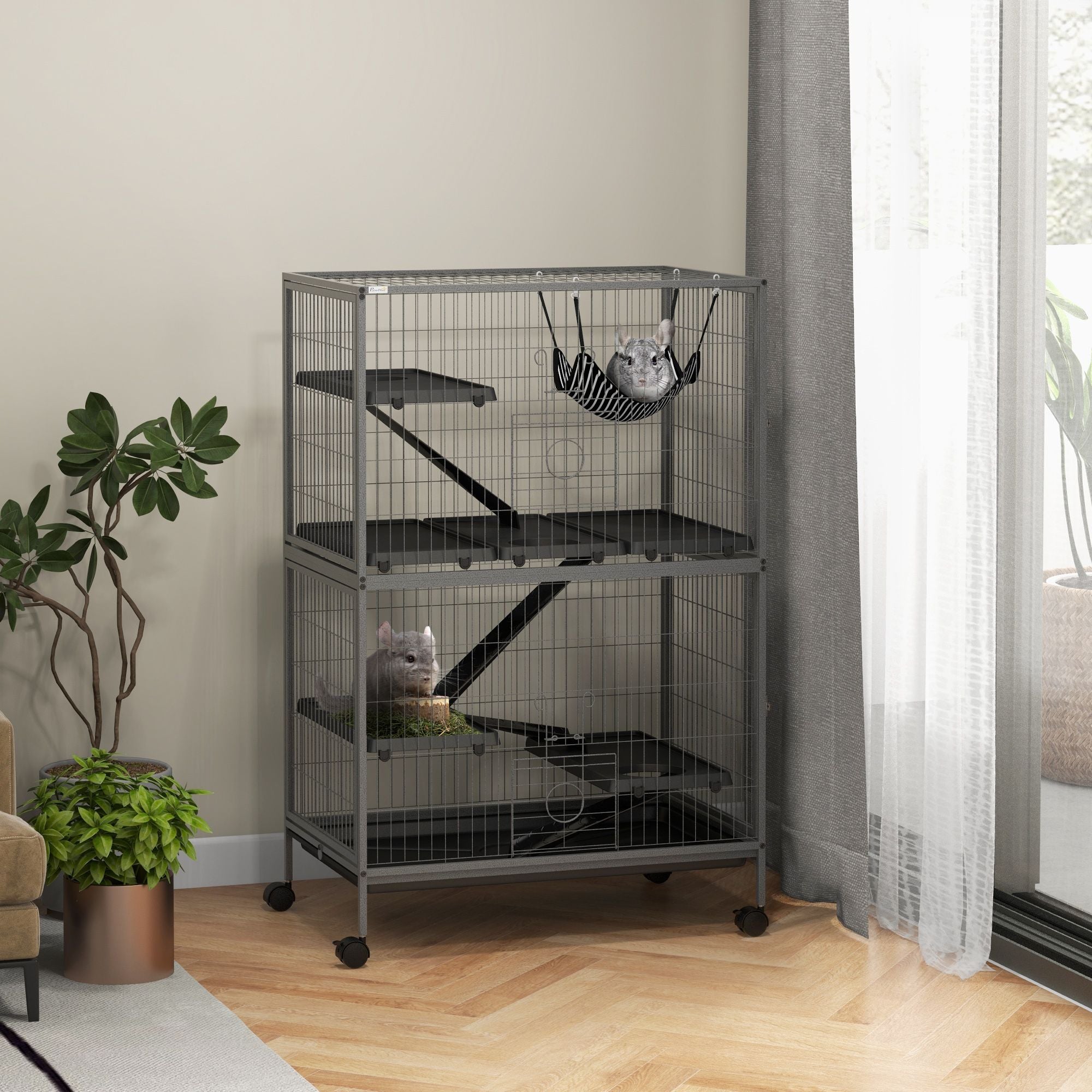 Spacious Five-Tier Rolling Small Animal Cage with Hammock and Four Doors