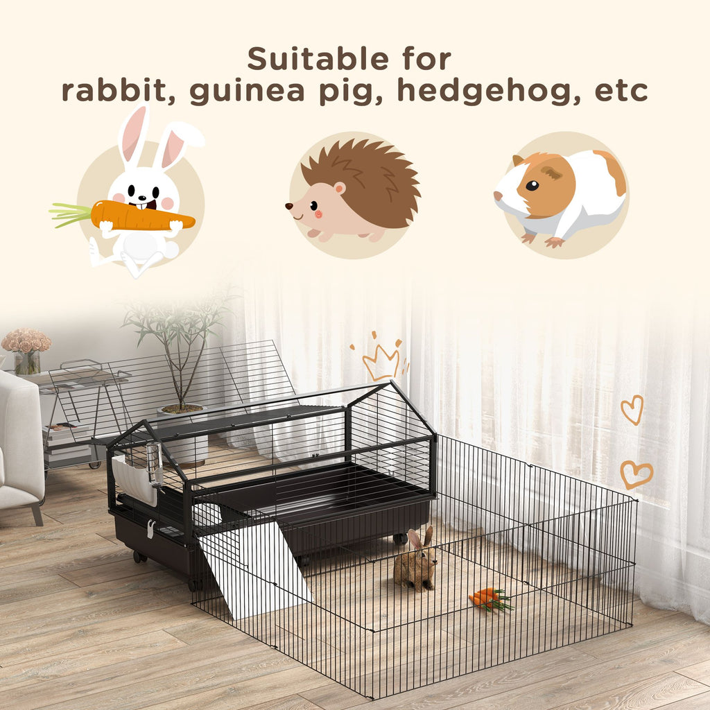 Spacious Rolling Small Animal Cage with Foldable Run - Includes Bowl & Water Fountain