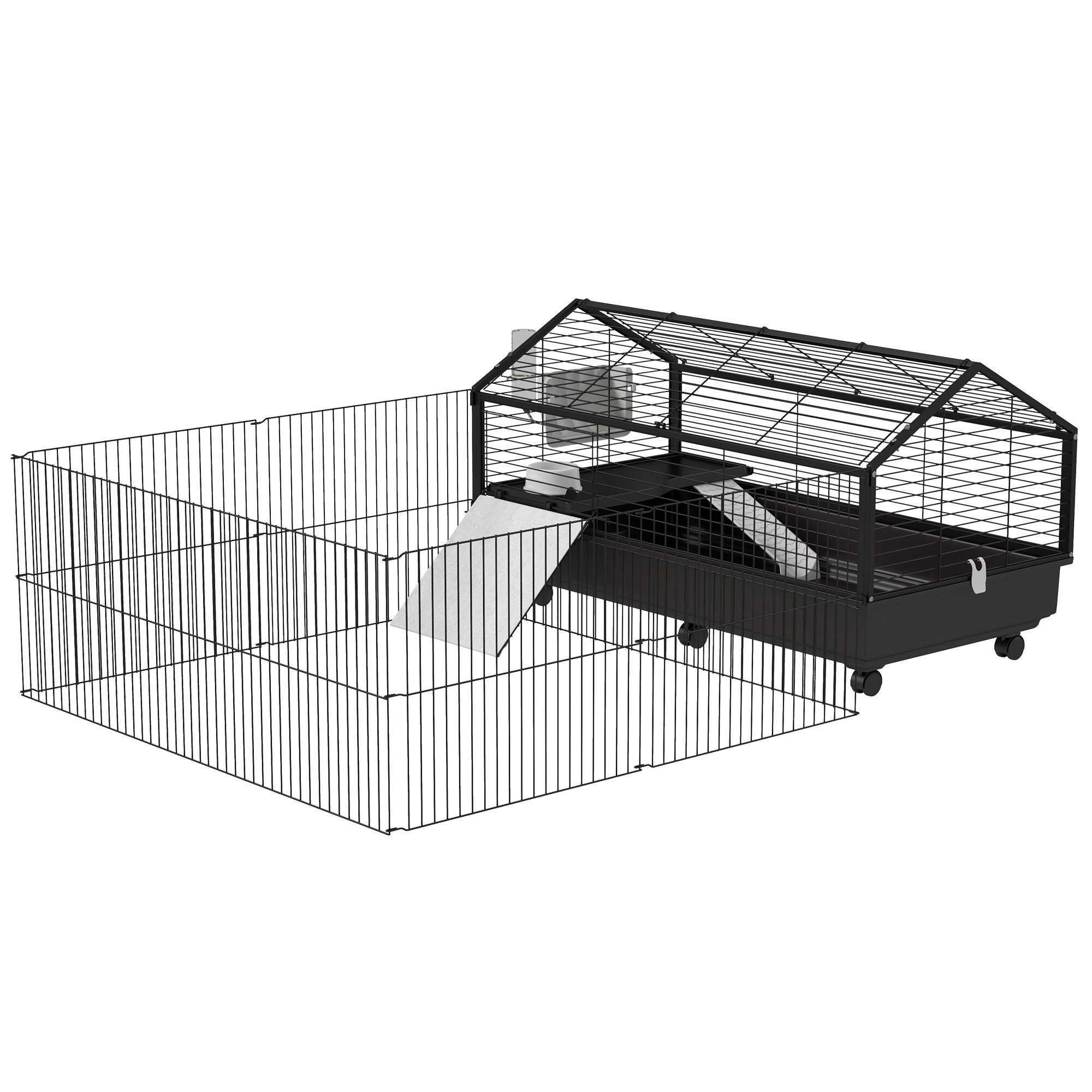 Spacious Rolling Small Animal Cage with Foldable Run - Includes Bowl & Water Fountain