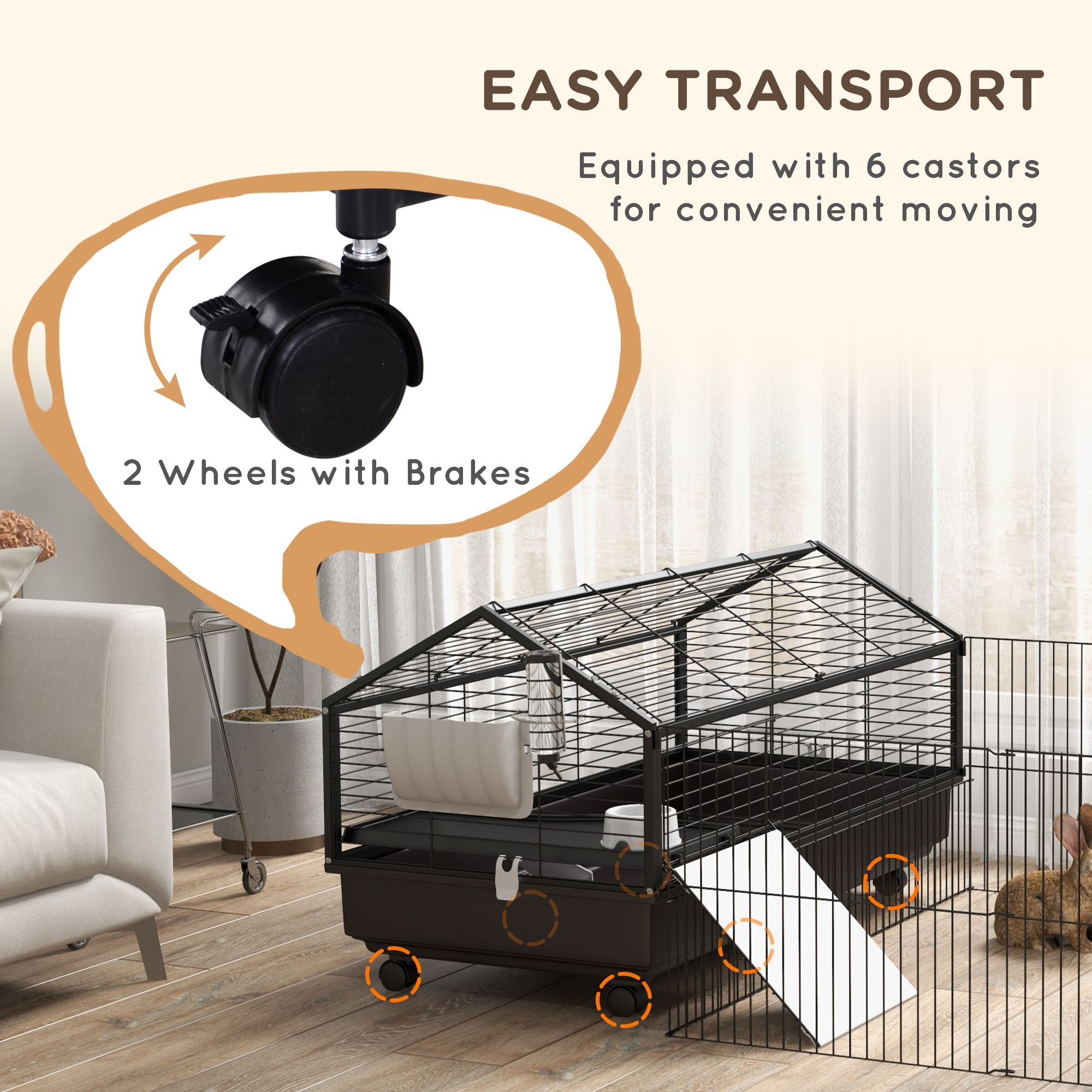 Spacious Rolling Small Animal Cage with Foldable Run - Includes Bowl & Water Fountain