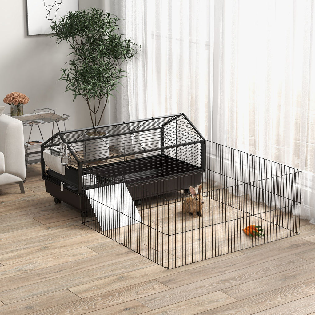Spacious Rolling Small Animal Cage with Foldable Run - Includes Bowl & Water Fountain