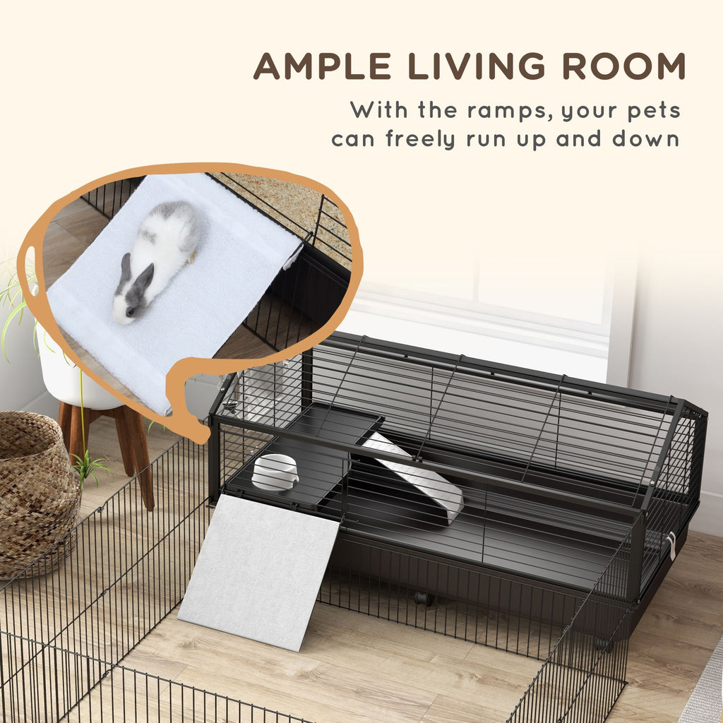 Spacious Rolling Small Animal Cage with Foldable Run - Includes Bowl & Water Fountain